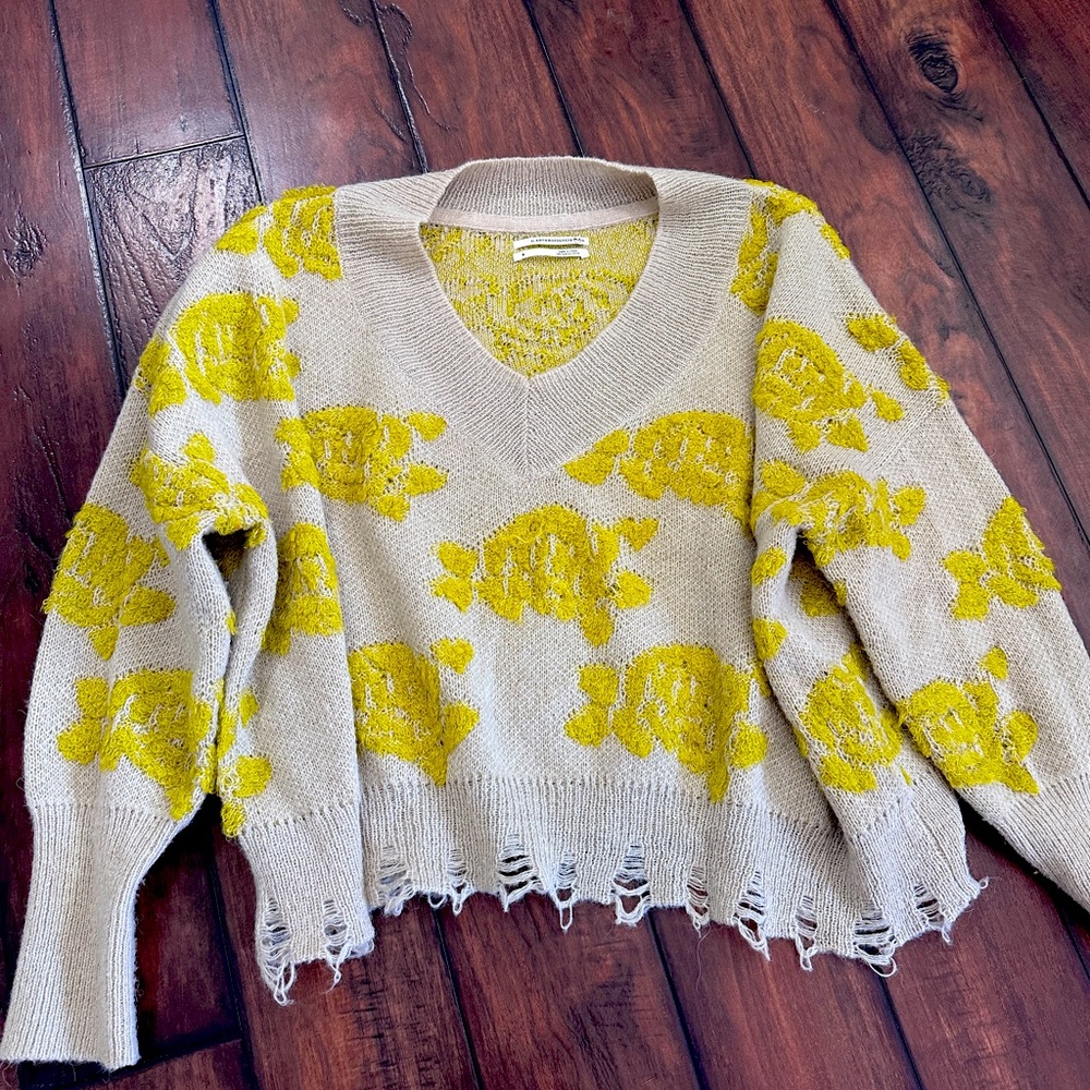 ANTHROPOLOGIE Lucila Sweater Floral Yellow Tan Distressed size small - Picture 1 of 6